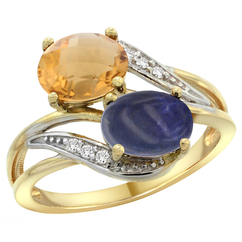 10K Yellow Gold Diamond Natural Whisky Quartz & Lapis 2-stone Ring Oval 8x6mm, sizes 5 - 10