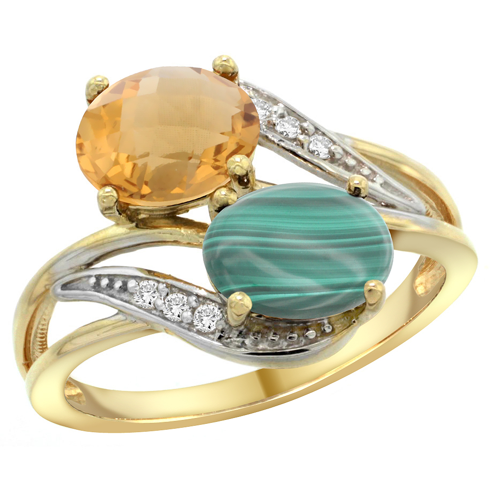 14K Yellow Gold Diamond Natural Whisky Quartz & Malachite 2-stone Ring Oval 8x6mm, sizes 5 - 10