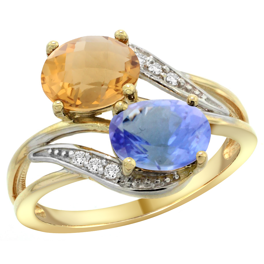 14K YELLOW GOLD DIAMOND NATURAL WHISKY QUARTZ & TANZANITE 2-STONE RING OVAL 8X6MM, SIZES 5 - 10