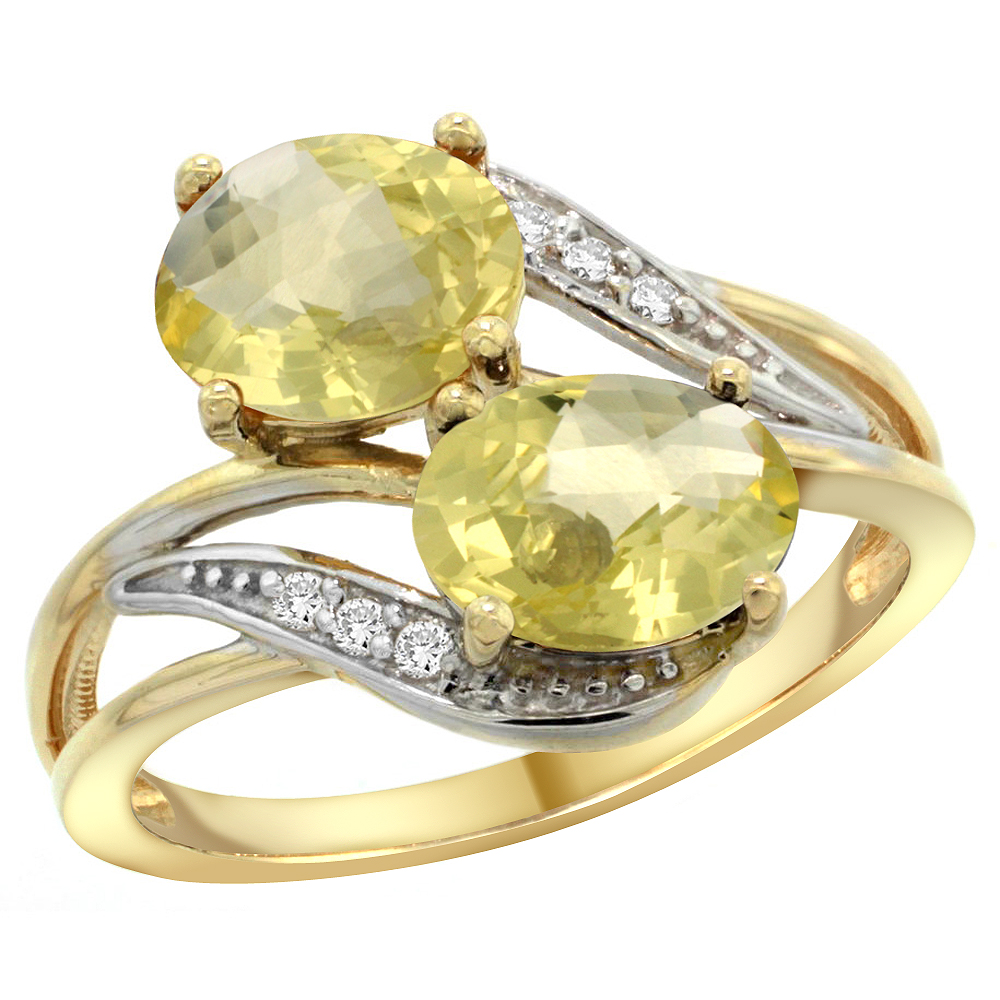14K YELLOW GOLD DIAMOND NATURAL LEMON QUARTZ 2-STONE RING OVAL 8X6MM, SIZES 5 - 10