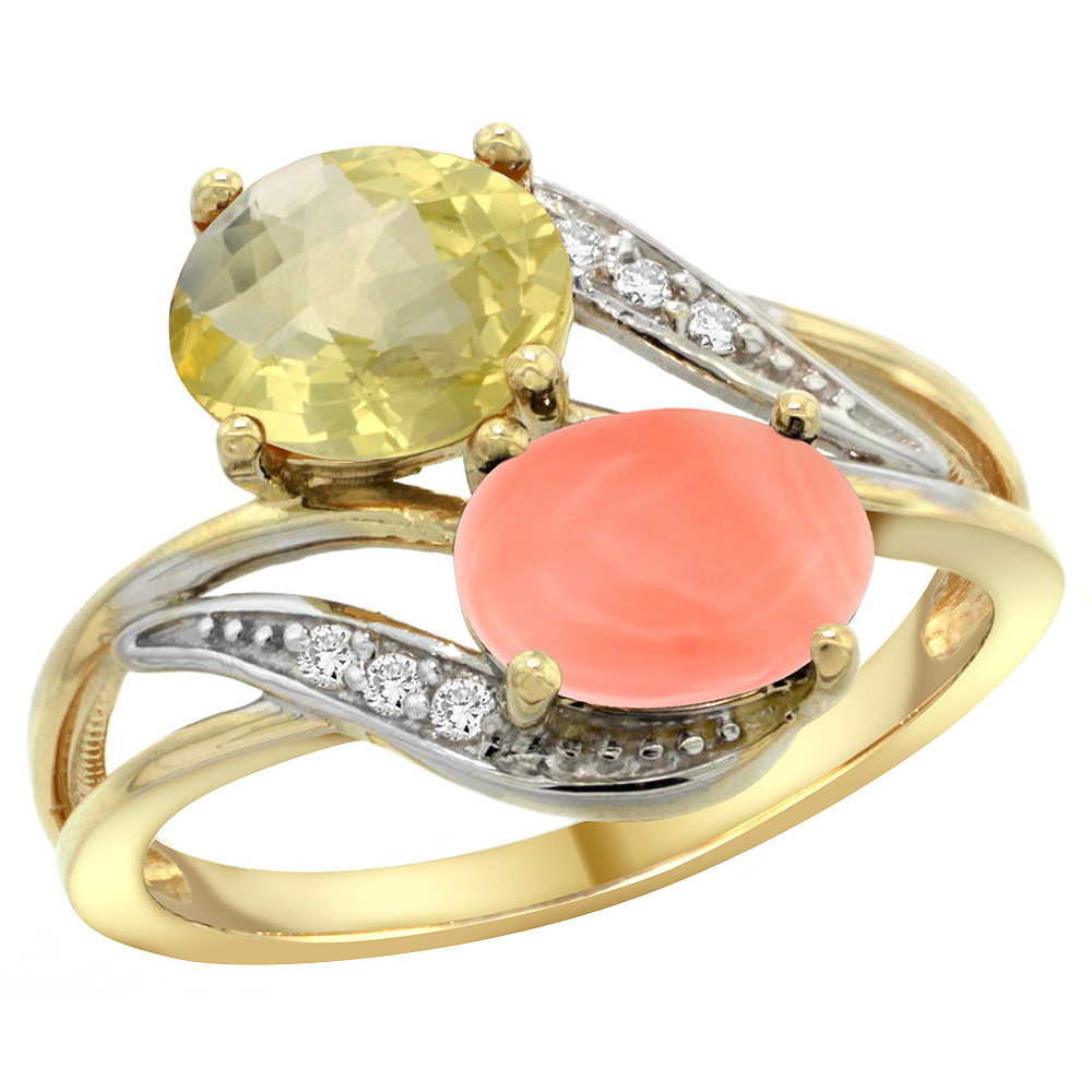 14K Yellow Gold Diamond Natural Lemon Quartz & Coral 2-stone Ring Oval 8x6mm, sizes 5 - 10