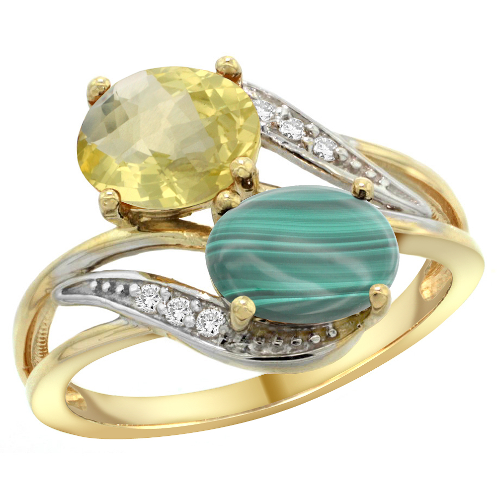 14K YELLOW GOLD DIAMOND NATURAL LEMON QUARTZ & MALACHITE 2-STONE RING OVAL 8X6MM, SIZES 5 - 10