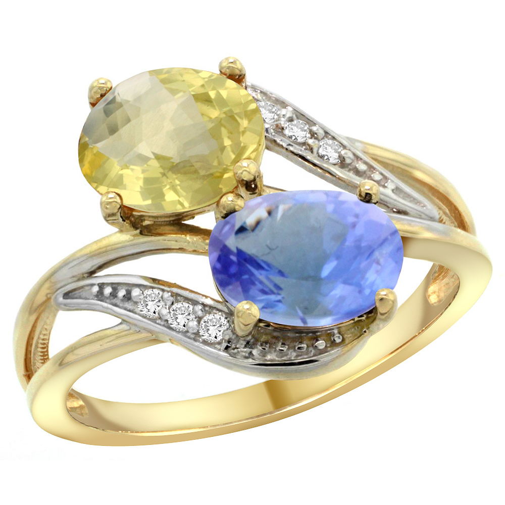 14K Yellow Gold Diamond Natural Lemon Quartz & Tanzanite 2-stone Ring Oval 8x6mm, sizes 5 - 10