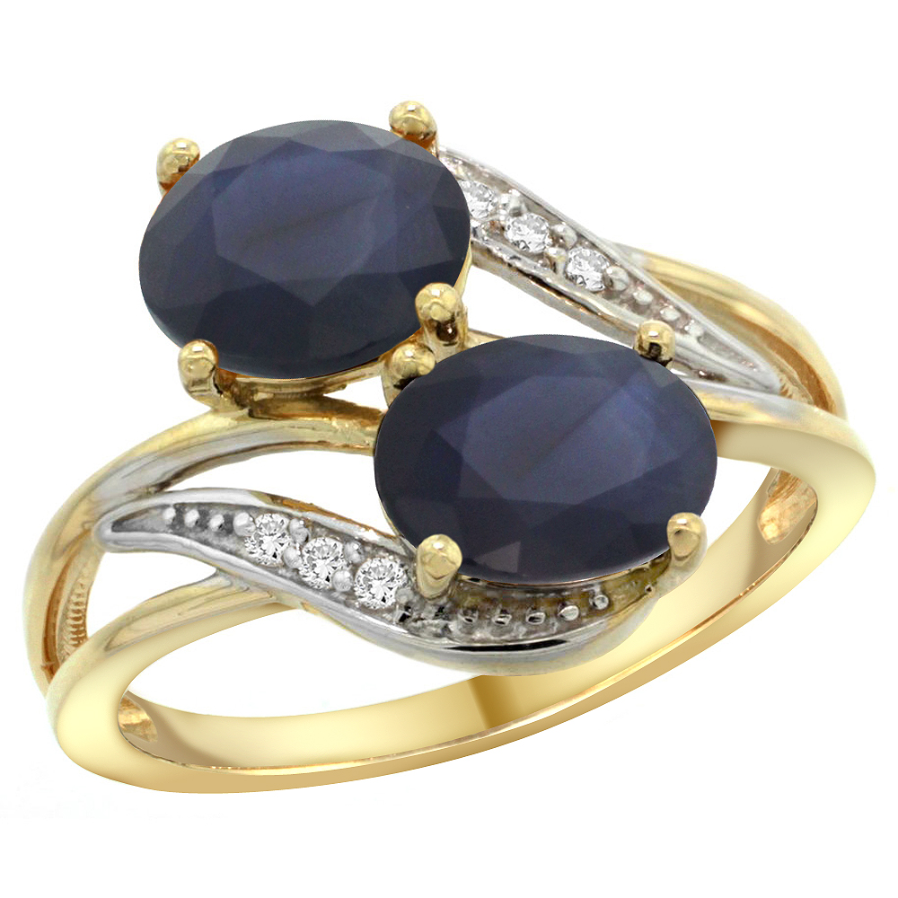 14K YELLOW GOLD DIAMOND NATURAL AUSTRALIAN SAPPHIRE 2-STONE RING OVAL 8X6MM, SIZES 5 - 10