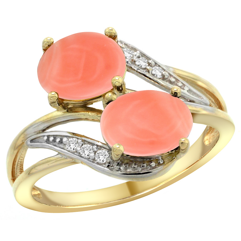 10K Yellow Gold Diamond Natural Coral 2-stone Ring Oval 8x6mm, sizes 5 - 10