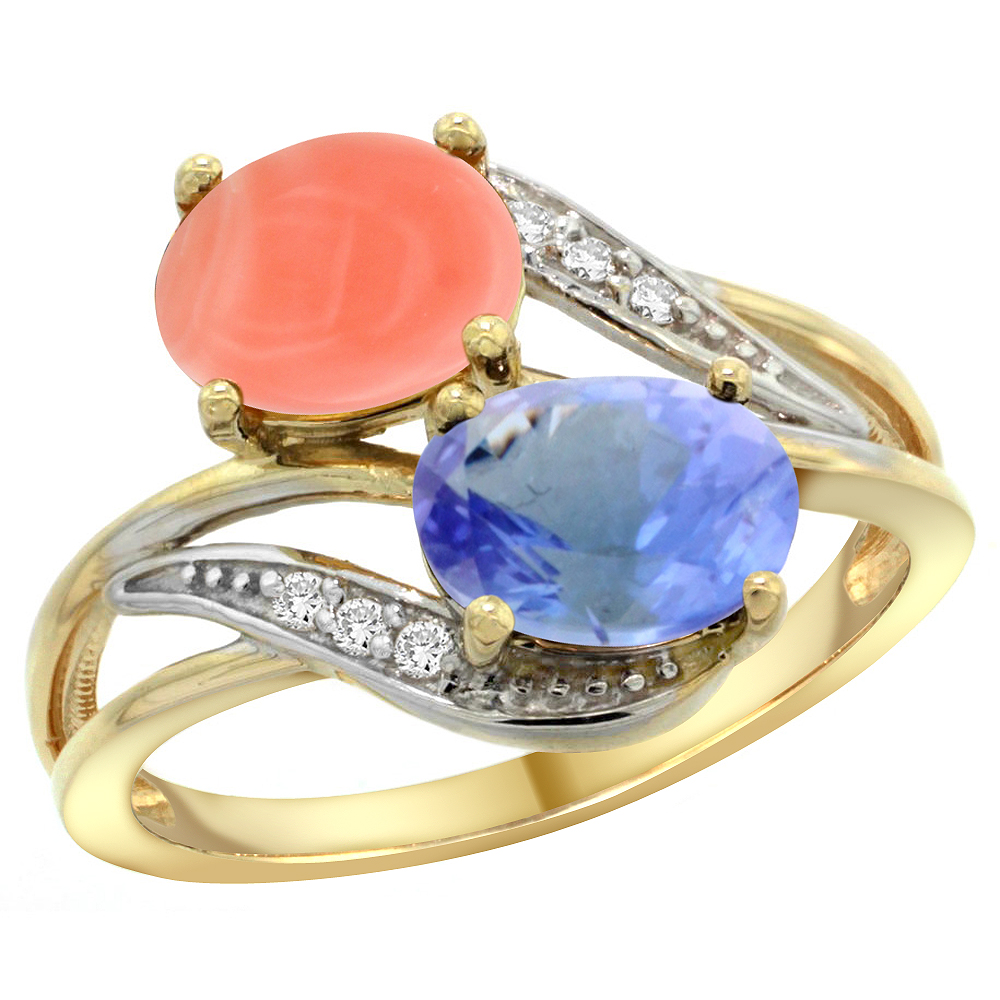 14K YELLOW GOLD DIAMOND NATURAL CORAL & TANZANITE 2-STONE RING OVAL 8X6MM, SIZES 5 - 10