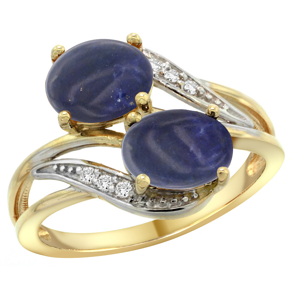 14K Yellow Gold Diamond Natural Lapis 2-stone Ring Oval 8x6mm, sizes 5 - 10