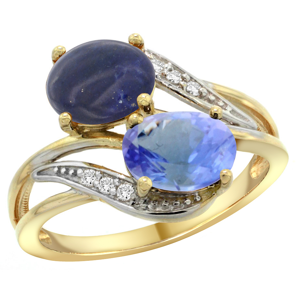 14K Yellow Gold Diamond Natural Lapis & Tanzanite 2-stone Ring Oval 8x6mm, sizes 5 - 10