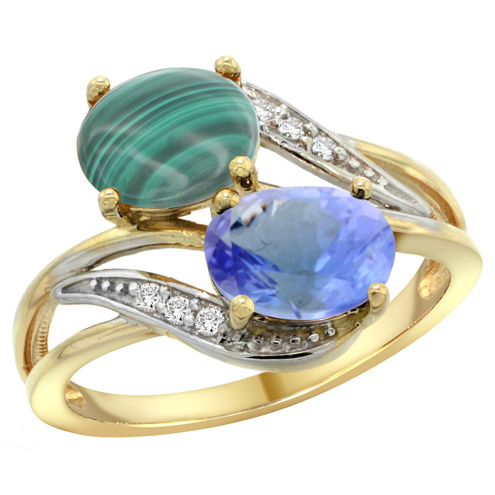 14K YELLOW GOLD DIAMOND NATURAL MALACHITE & TANZANITE 2-STONE RING OVAL 8X6MM, SIZES 5 - 10