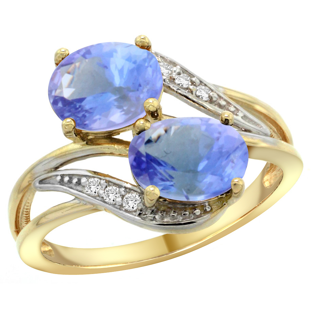 14K YELLOW GOLD DIAMOND NATURAL TANZANITE 2-STONE RING OVAL 8X6MM, SIZES 5 - 10