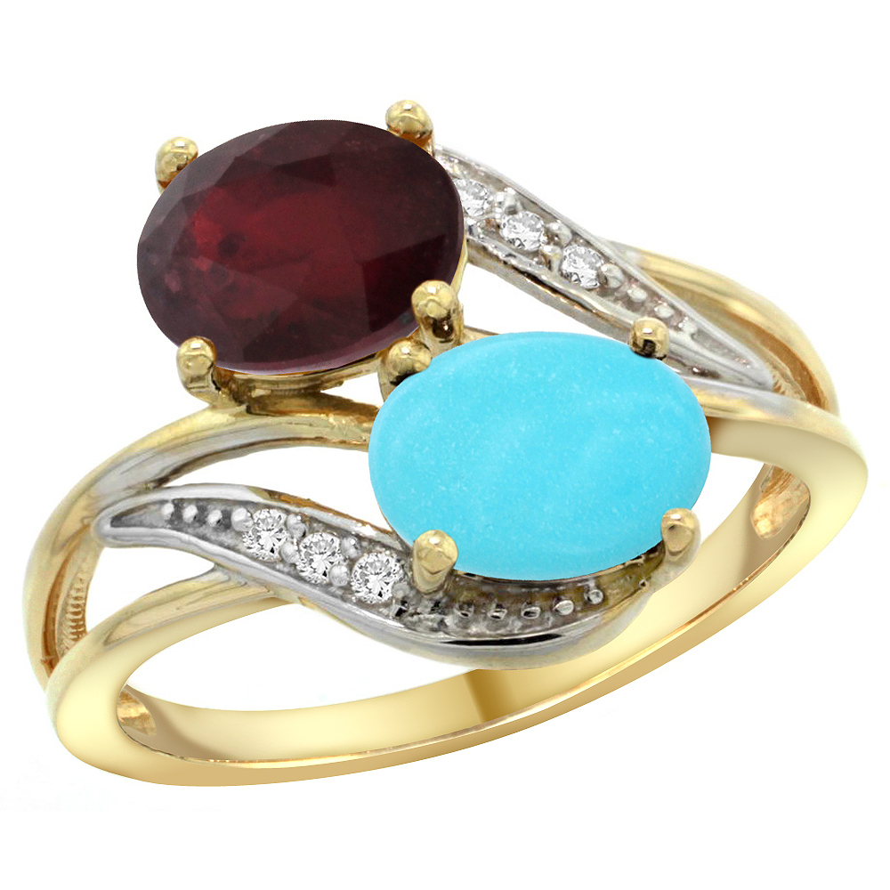 14K YELLOW GOLD DIAMOND NATURAL QUALITY RUBY & TURQUOISE 2-STONE MOTHERS RING OVAL 8X6MM, SIZE 5 - 10