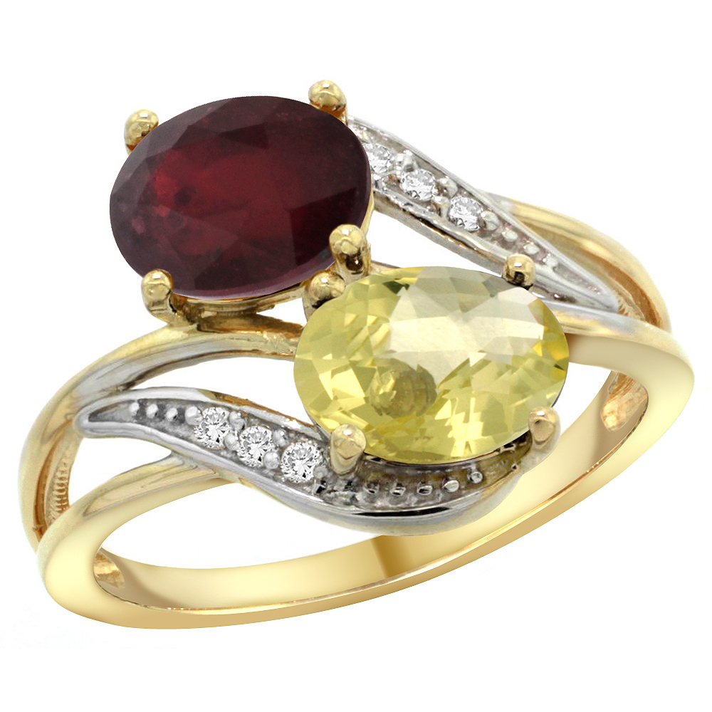 14K YELLOW GOLD DIAMOND NATURAL QUALITY RUBY & LEMON QUARTZ 2-STONE MOTHERS RING OVAL 8X6MM, SIZE 5 - 10