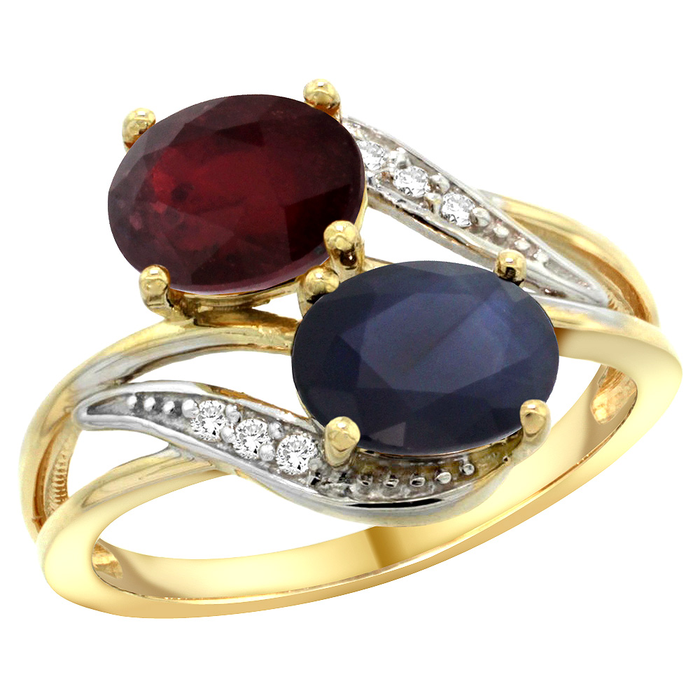 14K YELLOW GOLD DIAMOND NATURAL QUALITY RUBY&AUSTRALIAN SAPPHIRE 2-STONE MOTHERS RING OVAL 8X6MM,SZ5 - 10