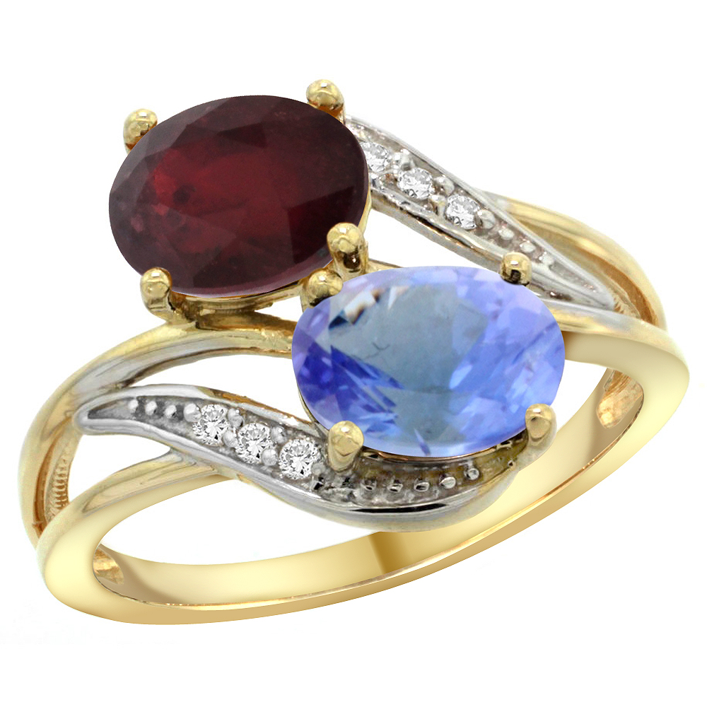 14K YELLOW GOLD DIAMOND NATURAL QUALITY RUBY & TANZANITE 2-STONE MOTHERS RING OVAL 8X6MM, SIZE 5 - 10