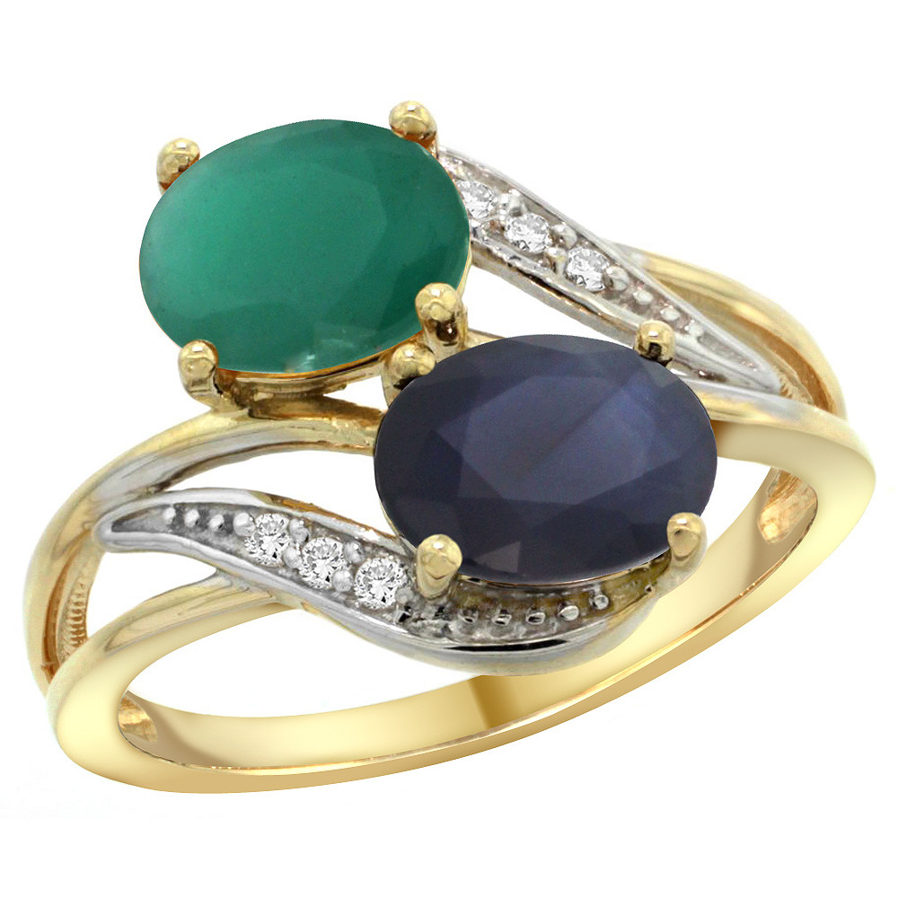 14K YELLOW GOLD DIAMOND NATURAL QUALITY EMERALD & BLUE SAPPHIRE 2-STONE MOTHERS RING OVAL 8X6MM,SZ5 - 10