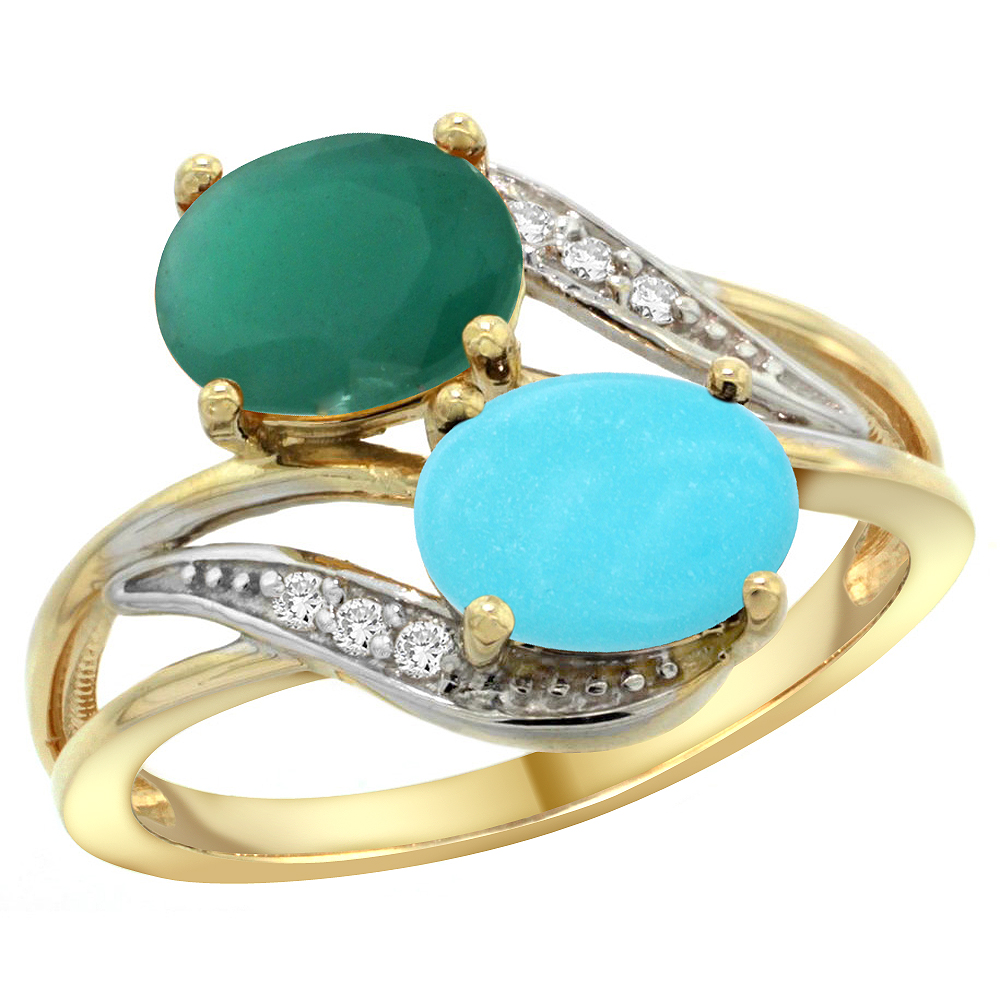14K YELLOW GOLD DIAMOND NATURAL QUALITY EMERALD & TURQUOISE 2-STONE MOTHERS RING OVAL 8X6MM, SIZE 5 - 10