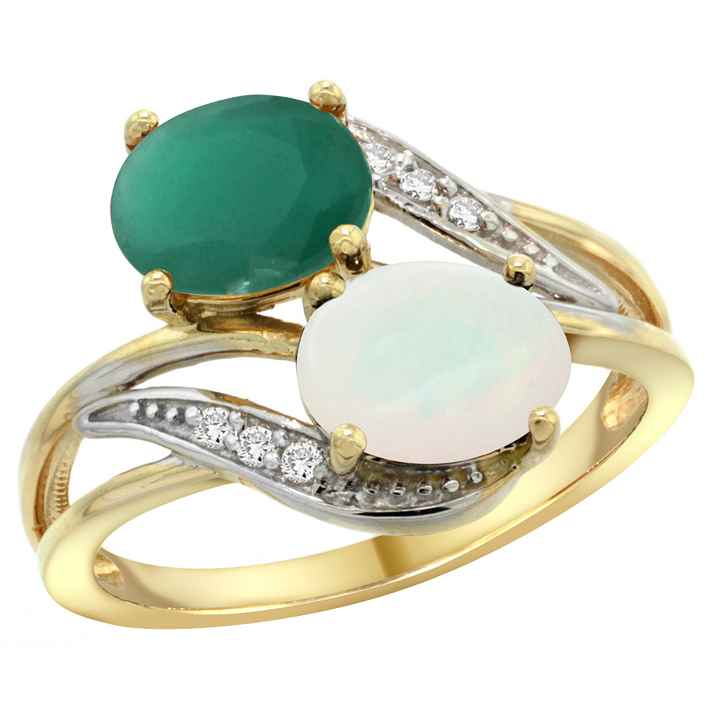 14K YELLOW GOLD DIAMOND NATURAL QUALITY EMERALD & OPAL 2-STONE MOTHERS RING OVAL 8X6MM, SIZE 5 - 10