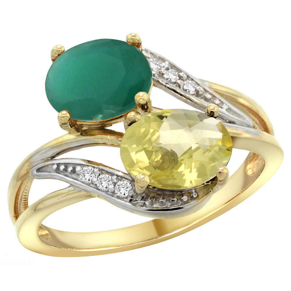 14K YELLOW GOLD DIAMOND NATURAL QUALITY EMERALD & LEMON QUARTZ 2-STONE MOTHERS RING OVAL 8X6MM, SZ 5 - 10
