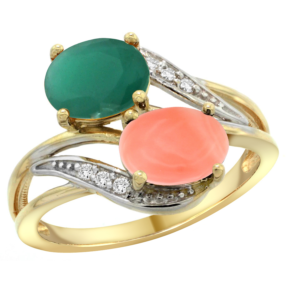 14K YELLOW GOLD DIAMOND NATURAL QUALITY EMERALD & CORAL 2-STONE MOTHERS RING OVAL 8X6MM, SIZE 5 - 10