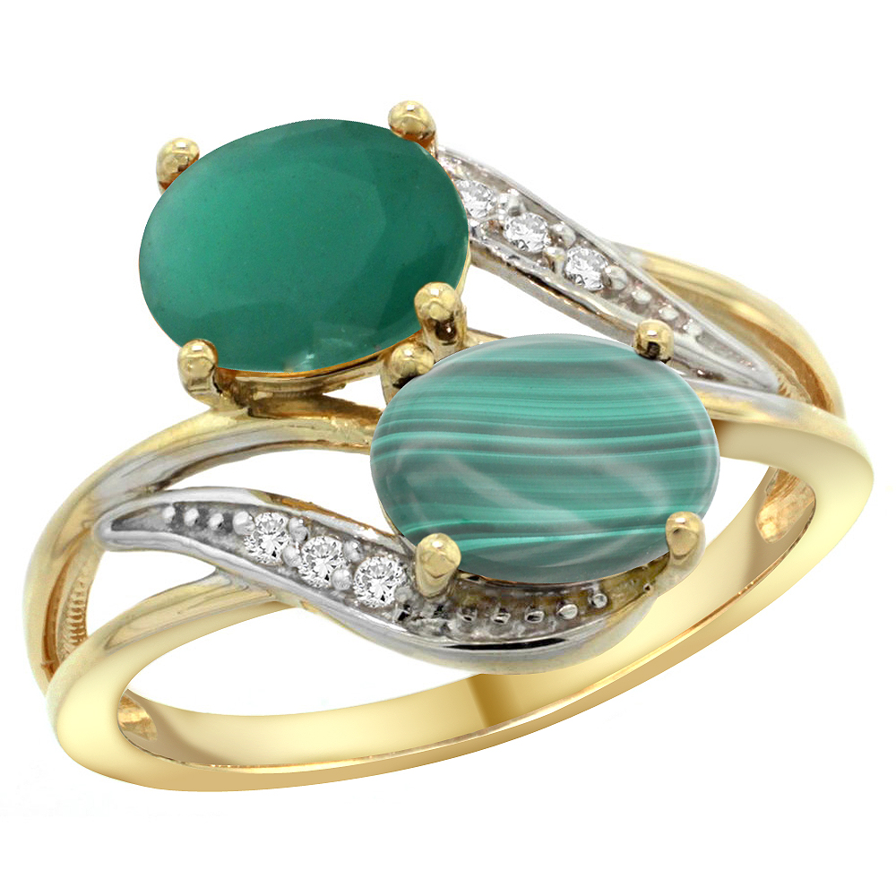 14K YELLOW GOLD DIAMOND NATURAL QUALITY EMERALD & MALACHITE 2-STONE MOTHERS RING OVAL 8X6MM, SIZE 5 - 10