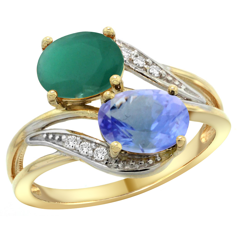 14K YELLOW GOLD DIAMOND NATURAL QUALITY EMERALD & TANZANITE 2-STONE MOTHERS RING OVAL 8X6MM, SIZE 5 - 10