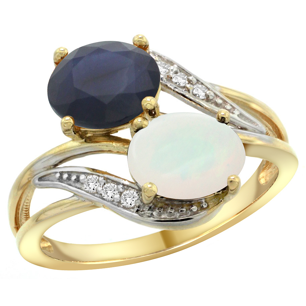 14K YELLOW GOLD DIAMOND NATURAL QUALITY BLUE SAPPHIRE & OPAL 2-STONE MOTHERS RING OVAL 8X6MM, SIZE 5 - 10