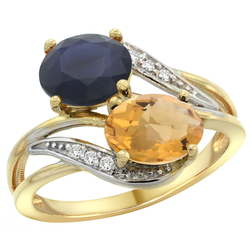 14K YELLOW GOLD DIAMOND NATURAL QUALITY BLUE SAPPHIRE & WHISKY QUARTZ 2-STONE RING OVAL 8X6MM,SIZE5-10