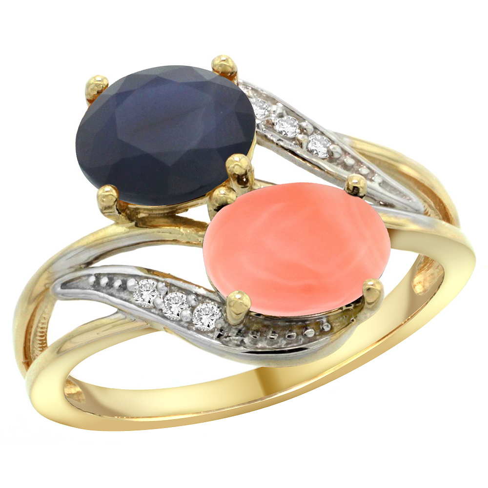 14K YELLOW GOLD DIAMOND NATURAL QUALITY BLUE SAPPHIRE & CORAL 2-STONE MOTHERS RING OVAL 8X6MM, SIZE5 - 10
