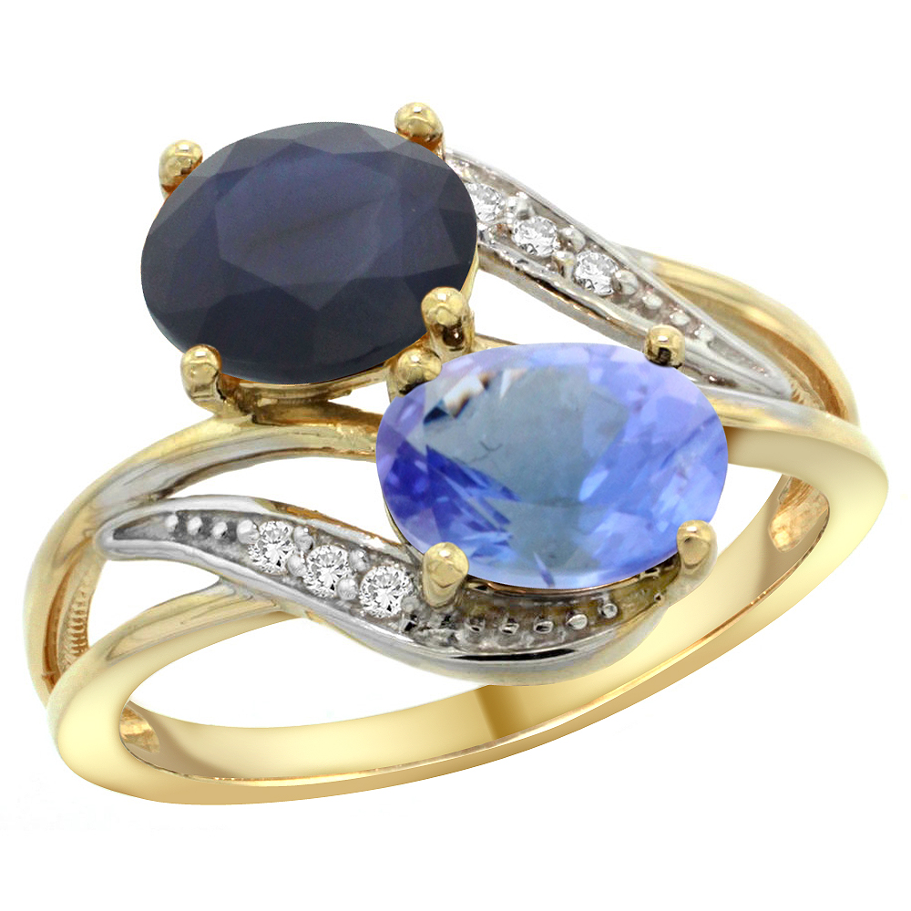 14K YELLOW GOLD DIAMOND NATURAL QUALITY BLUE SAPPHIRE & TANZANITE 2-STONE MOTHERS RING OVAL 8X6MM,SZ 5-10