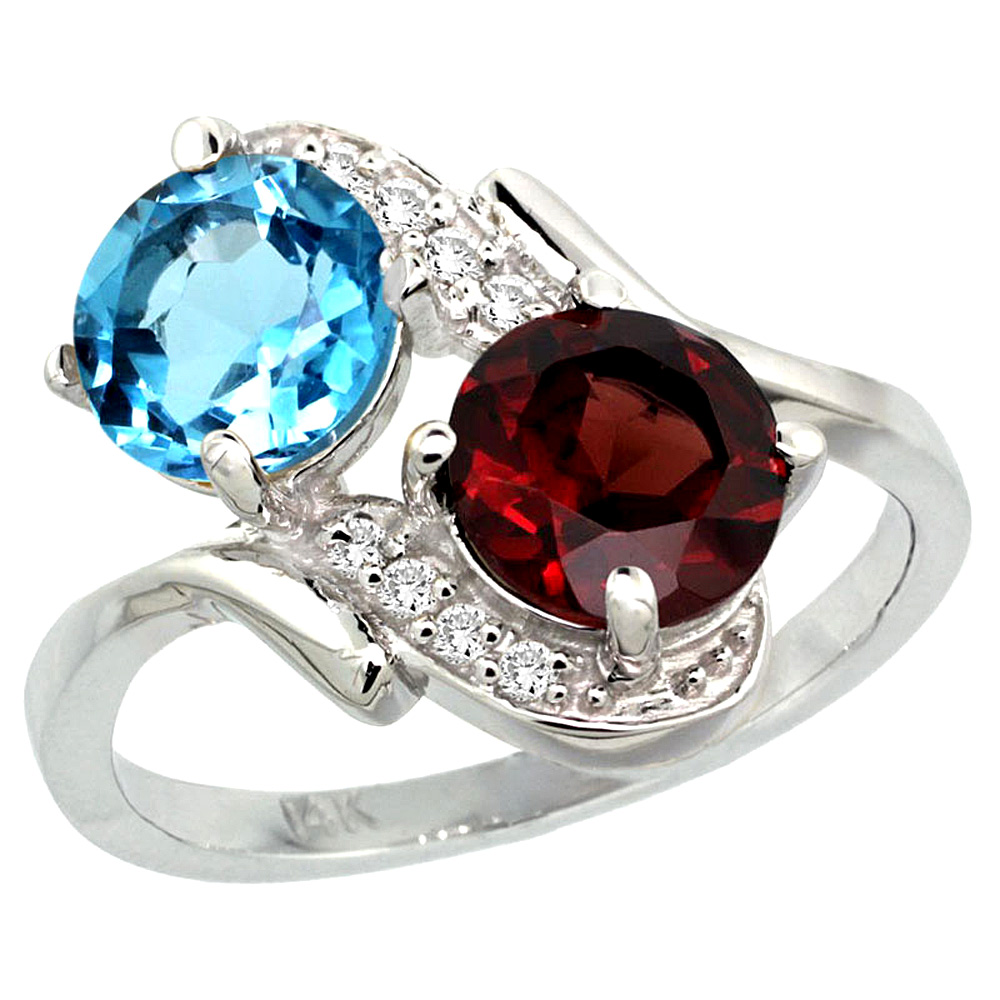 14k White Gold Diamond Natural Swiss Blue Topaz & Garnet Mother's Ring Round 7mm, 3/4 inch wide, sizes 5 - 10
