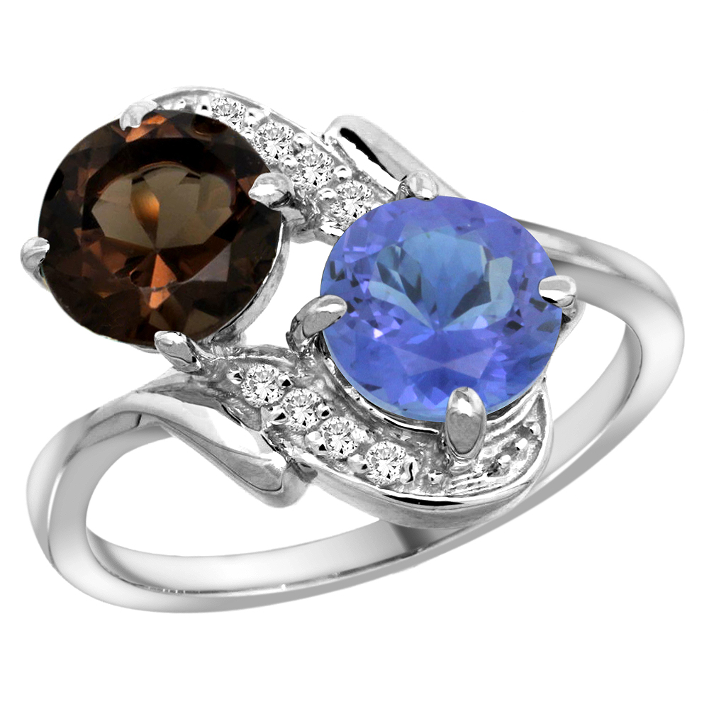 14k White Gold Diamond Natural Smoky Topaz & Tanzanite Mother's Ring Round 7mm, 3/4 inch wide, sizes 5 - 10