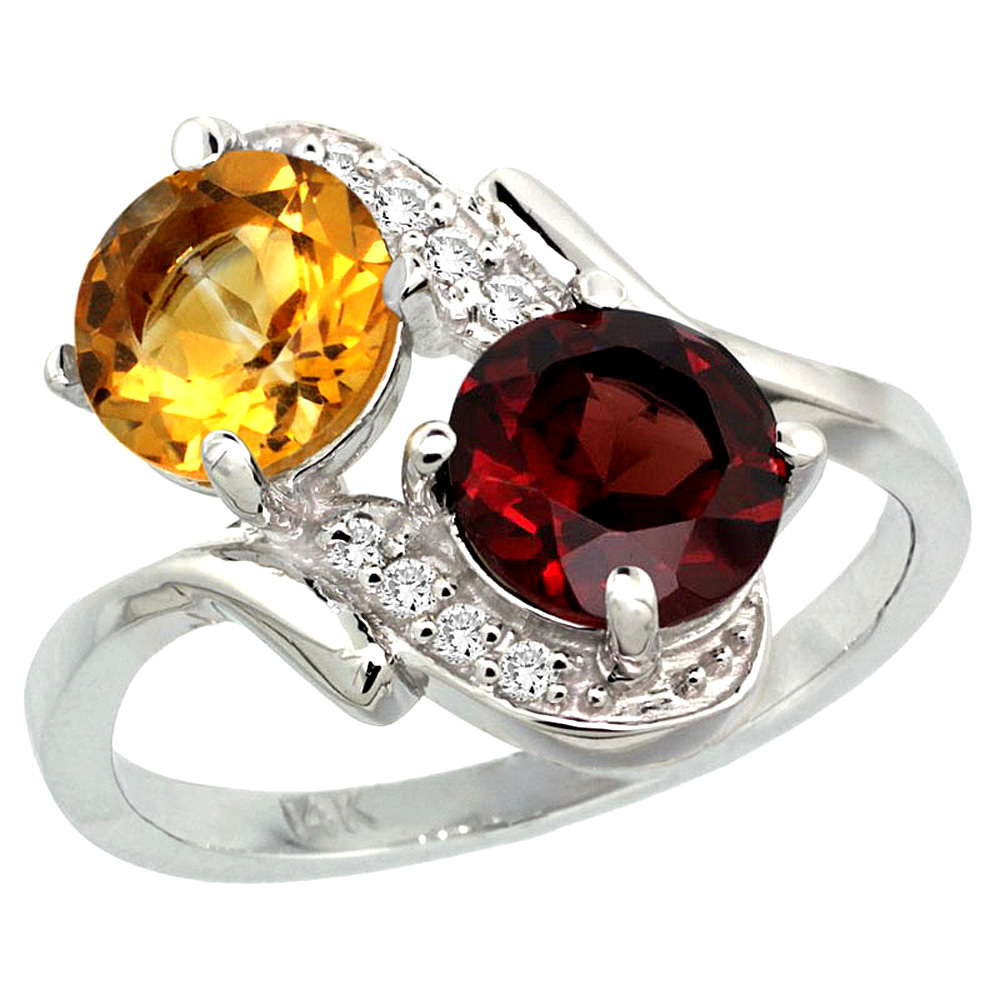 14k White Gold Diamond Natural Citrine & Garnet Mother's Ring Round 7mm, 3/4 inch wide, sizes 5 - 10