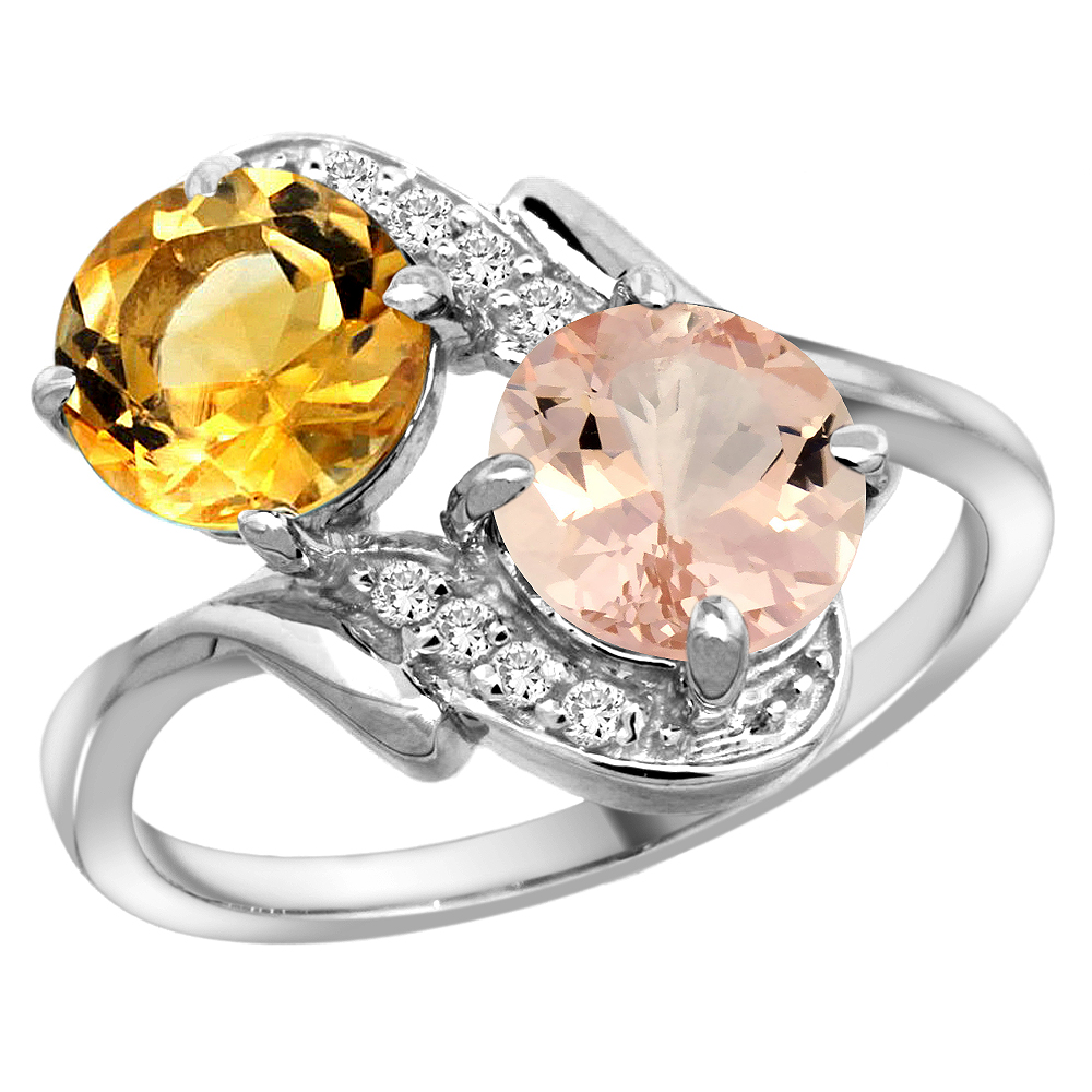 14k White Gold Diamond Natural Citrine &amp; Morganite Mother&#039;s Ring Round 7mm, 3/4 inch wide, sizes 5 - 10