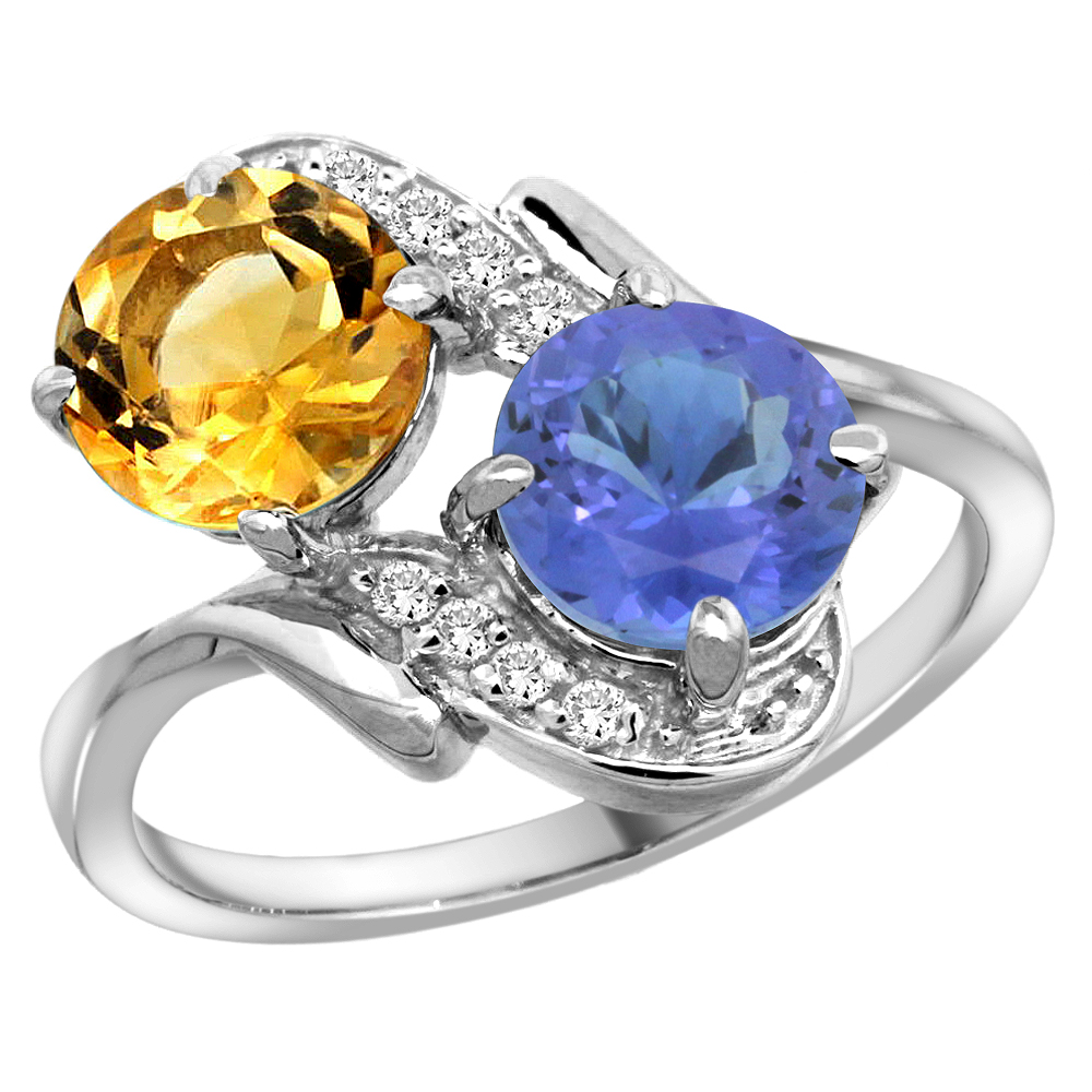 14k White Gold Diamond Natural Citrine & Tanzanite Mother's Ring Round 7mm, 3/4 inch wide, sizes 5 - 10