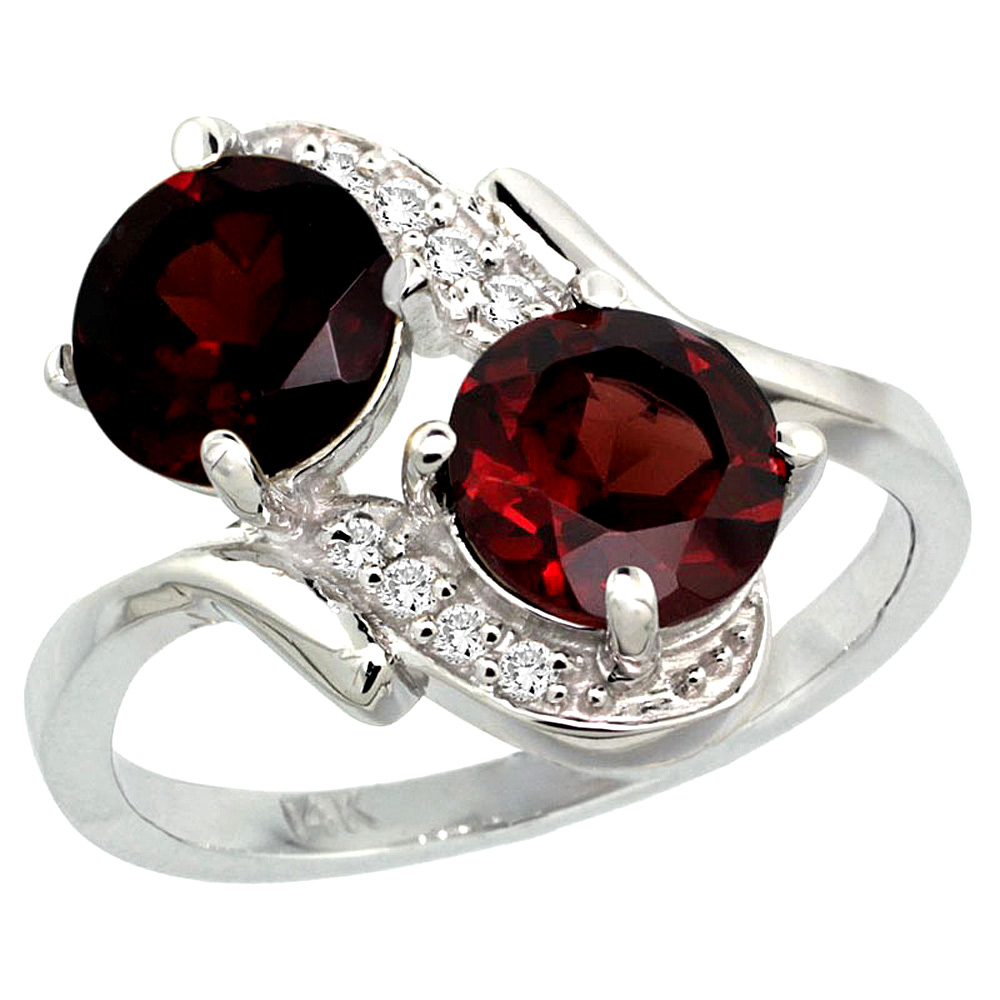 14k White Gold Diamond Natural Garnet Mother's Ring Round 7mm, 3/4 inch wide, sizes 5 - 10