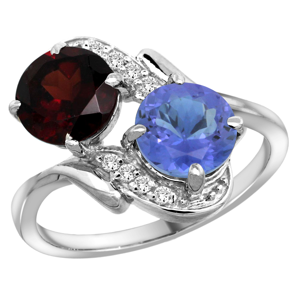 14k White Gold Diamond Natural Garnet & Tanzanite Mother's Ring Round 7mm, 3/4 inch wide, sizes 5 - 10