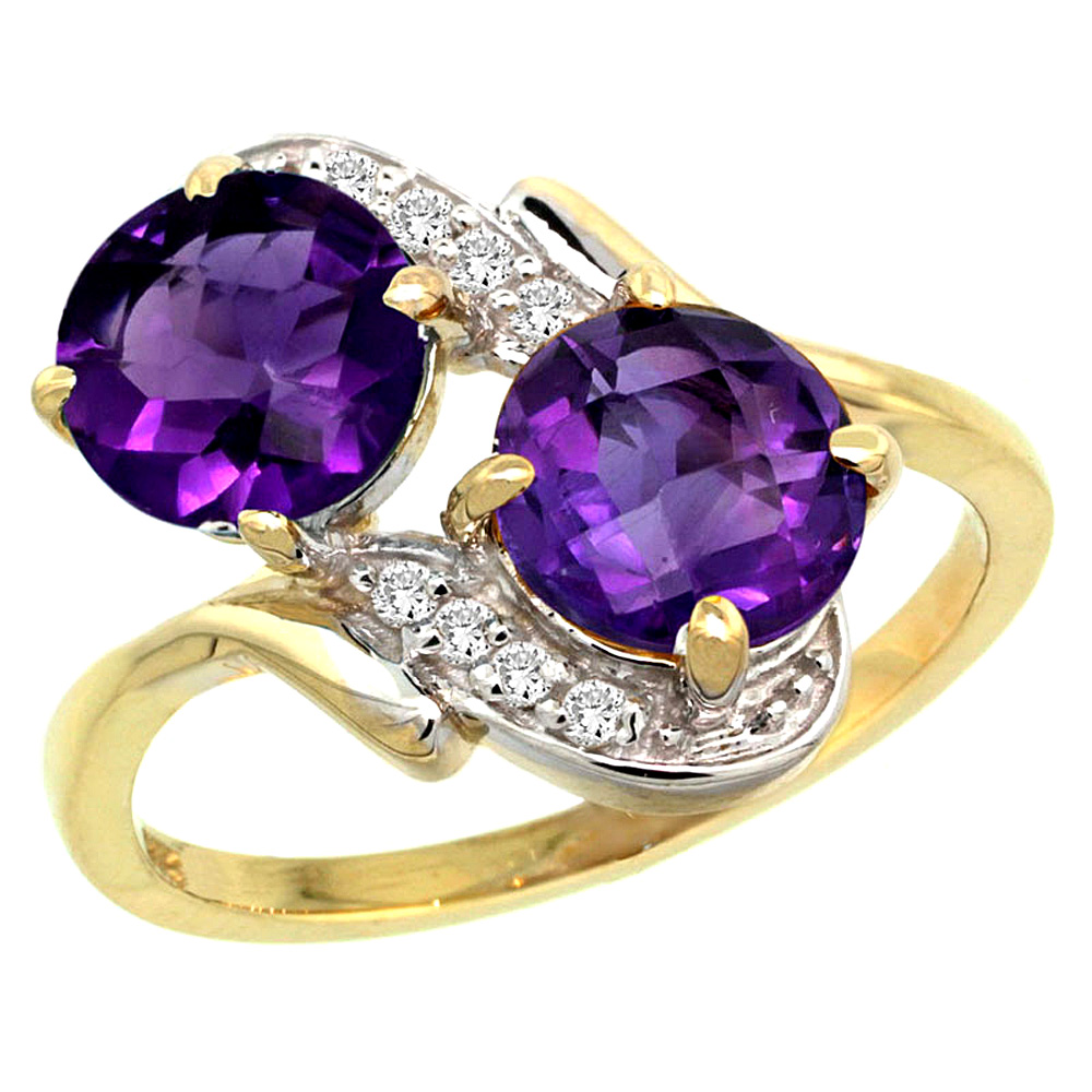 14k Yellow Gold Diamond Natural Amethyst Mother's Ring Round 7mm, 3/4 inch wide, sizes 5 - 10