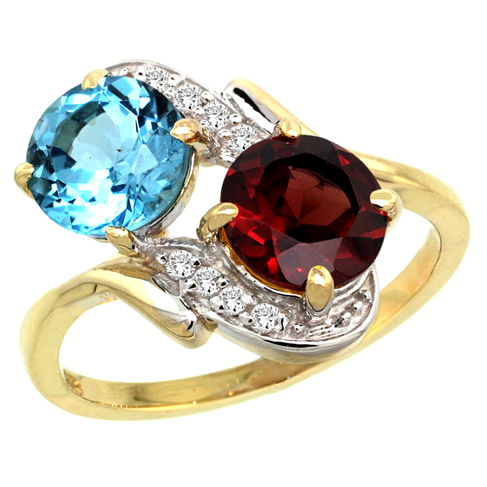 14k Yellow Gold Diamond Natural Swiss Blue Topaz & Garnet Mother's Ring Round 7mm, 3/4 inch wide, sizes 5 - 10