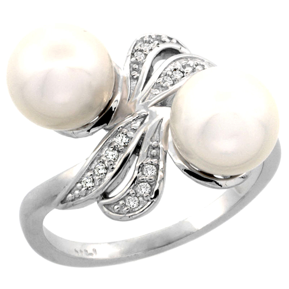 14k White Gold Diamond 8mm Round White Pearl Bypass Ring Ribbon Design 0.12ct, size 5-10