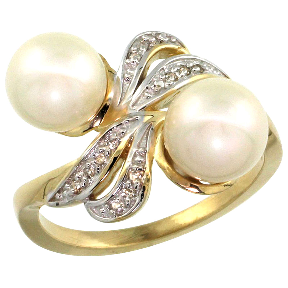 14k Yellow Gold Diamond 8mm Round Black Brown Pink White Pearl Bypass Ring Ribbon Design 0.12ct, size 5-10