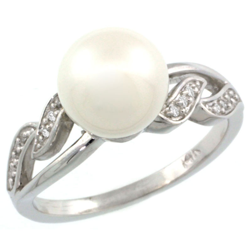 14k White Gold Wavy Pearl Ring w/ 0.043 Carat Brilliant Cut ( H-I Color; VS2-SI1 Clarity ) Diamonds &amp; 9mm White Pearl, 11/32 in. (9mm) wide