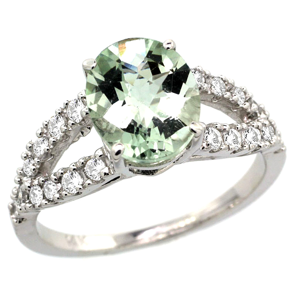 14k White Gold Natural Green Amethyst Ring Oval 10x8mm Diamond Accent, 3/8inch wide, sizes 5 - 10 