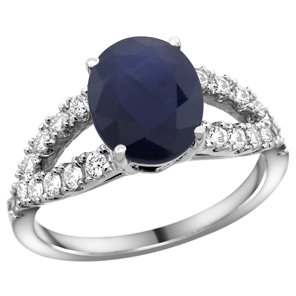 14k White Gold Natural Blue Sapphire Ring Oval 10x8mm Diamond Accent, 3/8inch wide, sizes 5 - 10 
