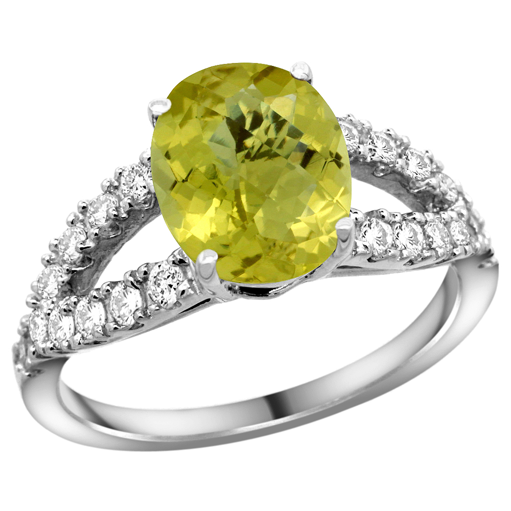 14k White Gold Natural Lemon Quartz Ring Oval 10x8mm Diamond Accent, 3/8inch wide, sizes 5 - 10 