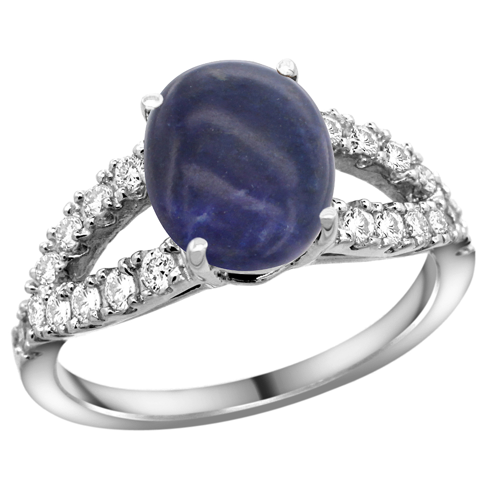 14k White Gold Natural Lapis Ring Oval 10x8mm Diamond Accent, 3/8inch wide, sizes 5 - 10 
