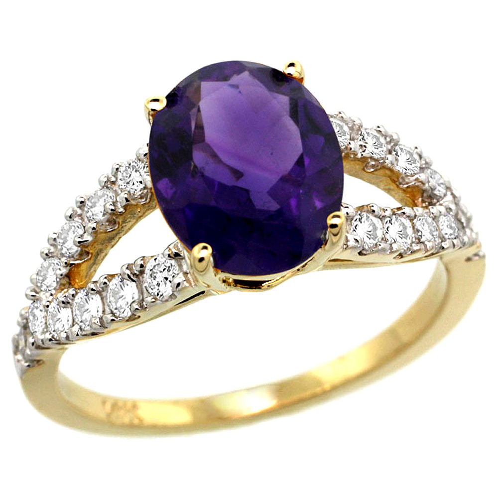 14k Yellow Gold Natural Amethyst Ring Oval 10x8mm Diamond Accent, 3/8inch wide, sizes 5 - 10 