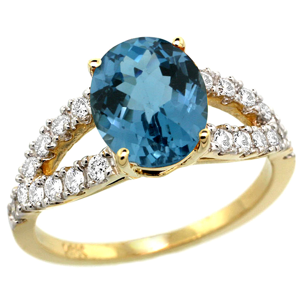 14k Yellow Gold Natural London Blue Topaz Ring Oval 10x8mm Diamond Accent, 3/8inch wide, sizes 5 - 10 