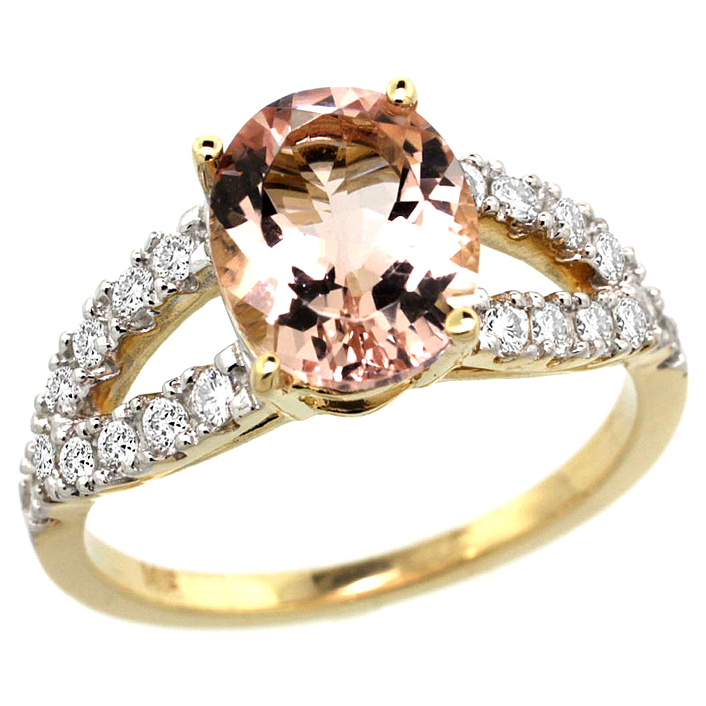 14k Yellow Gold Natural Morganite Ring Oval 10x8mm Diamond Accent, 3/8inch wide, sizes 5 - 10 