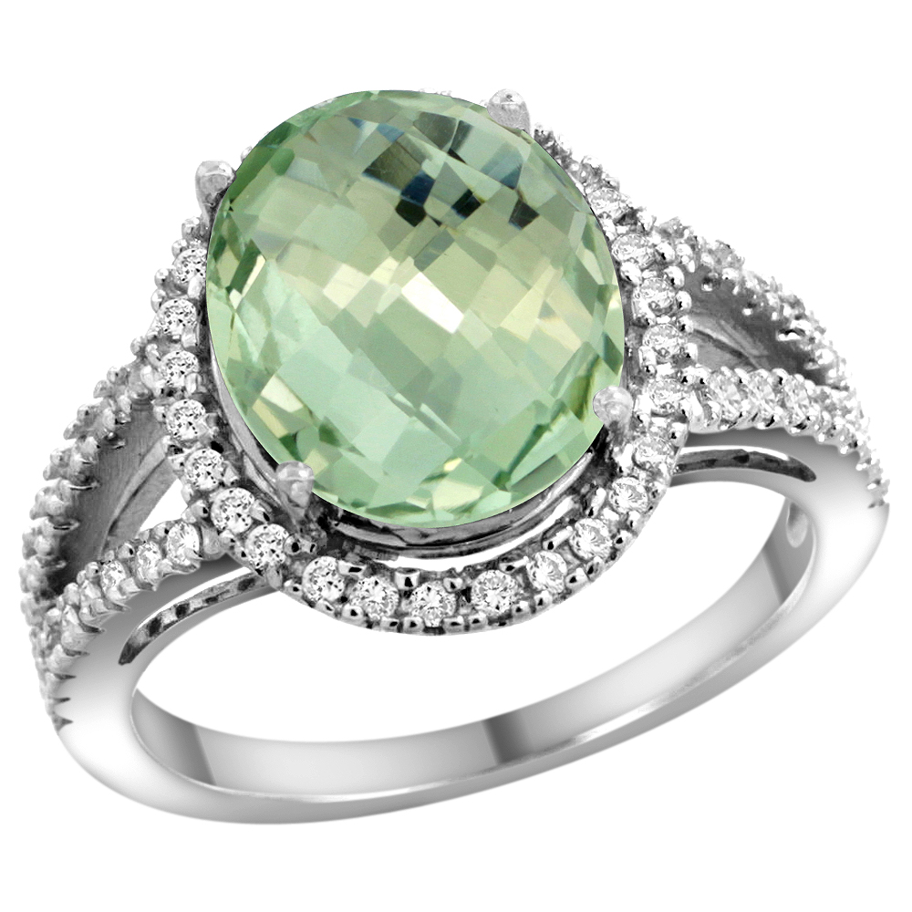 14k White Gold Natural Green Amethyst Ring Oval 12x10mm Diamond Accents, sizes 5 - 10