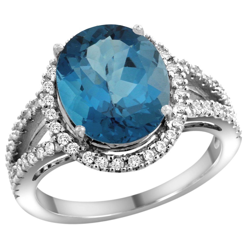 14k White Gold Natural London Blue Topaz Ring Oval 12x10mm Diamond Accents, sizes 5 - 10